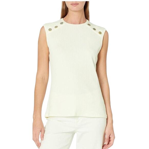 NWT Tommy Hilfiger Monogram-Button Cap-Sleve Ribbed Top Size L - Picture 1 of 5